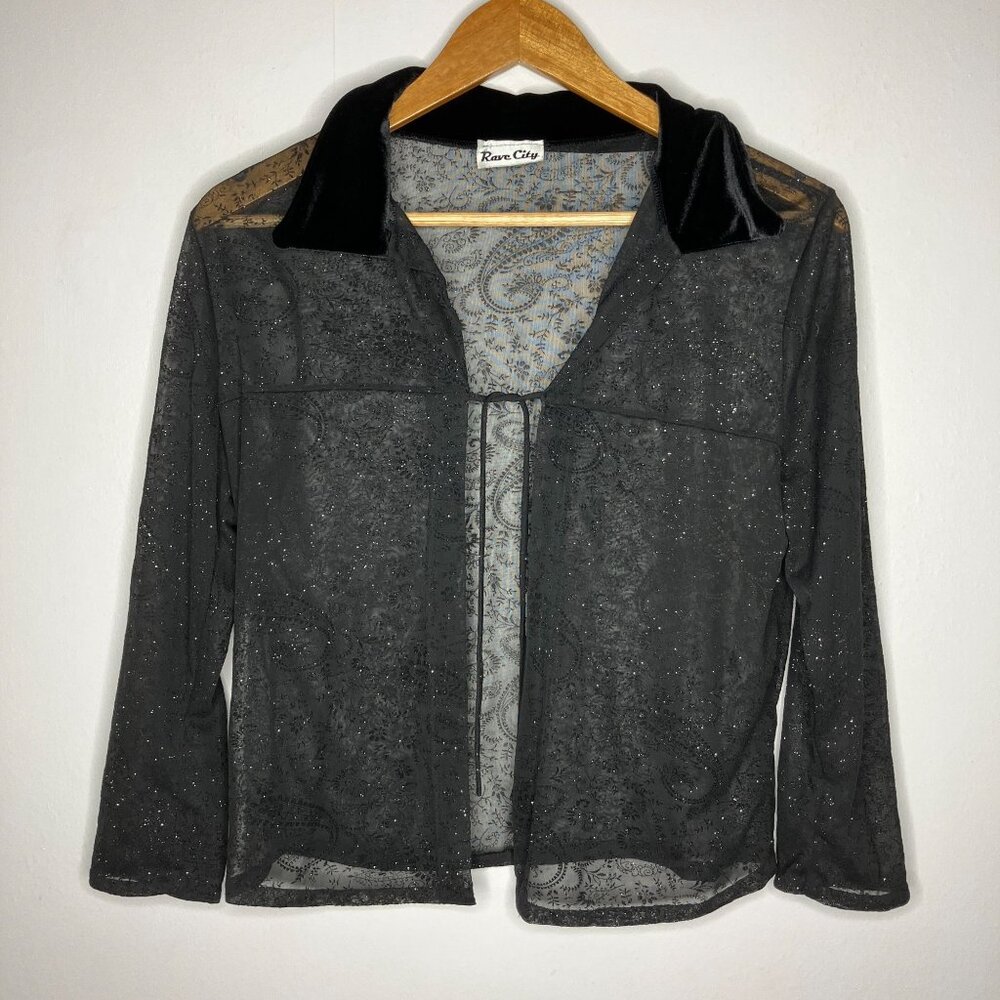 VTG 90's Y2K Rave City Sheer Glitter Paisley Top Velvet Collar Women's Small